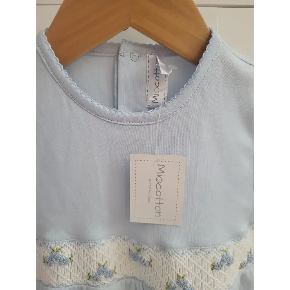NWT Miocotton Luxury Light Blue Hand-Smocked Pima Cotton Bubble Romper 2T
